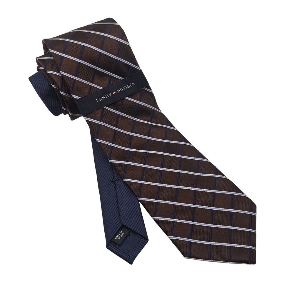 Tommy‎ Hilfiger Silk Tie Brown Blue Grid Classic Business Office Preppy Academia